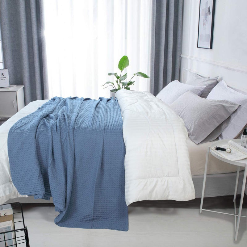 HILLFAIR 100% Combed Cotton Blanketâ€“ Queen Size Bed Blanketsâ€“ Warm Soft All Season Breathable Lightweight Summer Blanketsâ€“ Waffle Weave Home Decor Bed Blanket- Blue Queen Bed Cotton Blankets/Bedcovers - Image 2